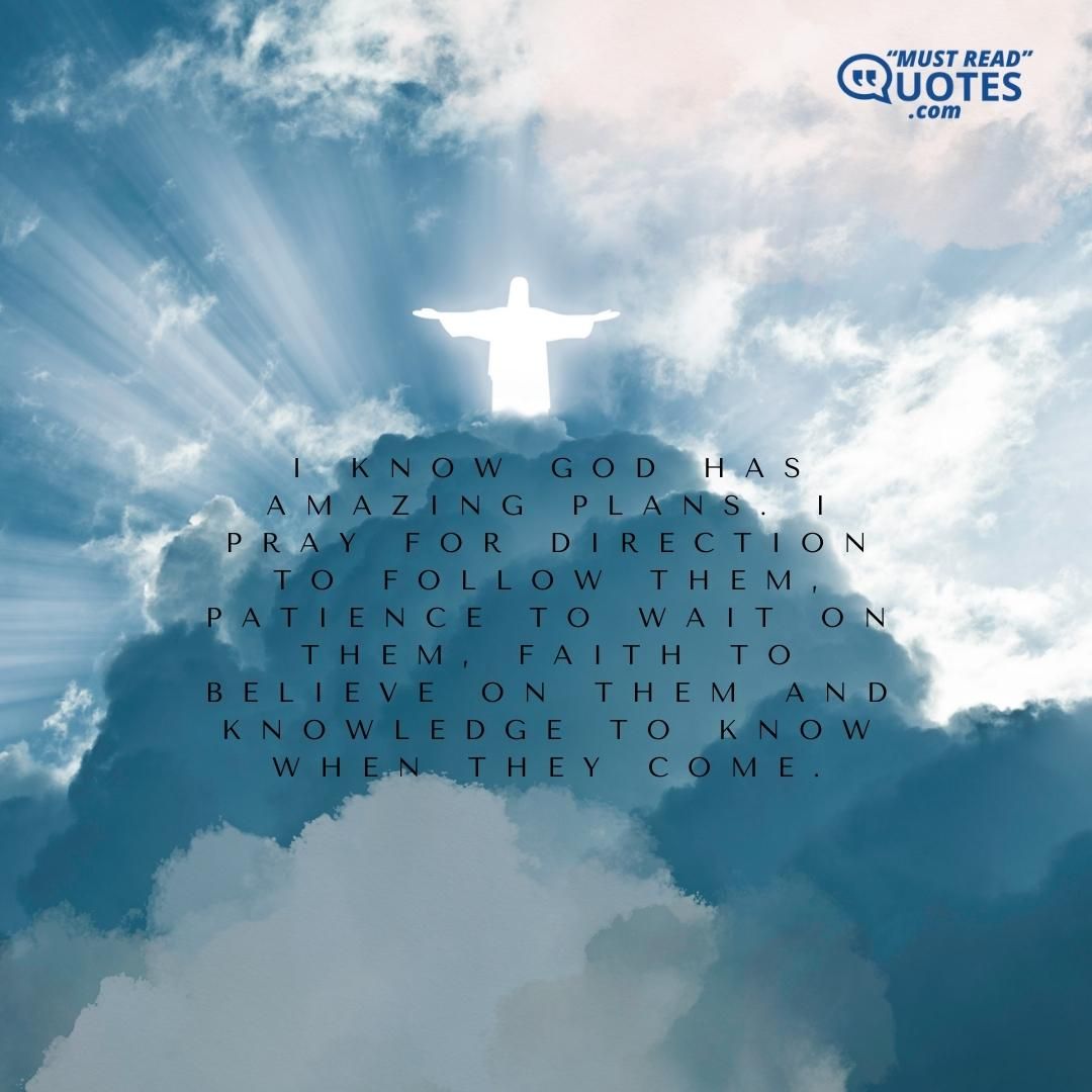 I know God has amazing plans. I pray for direction to follow them, patience to wait on them, faith to believe on them and knowledge to know when they come.