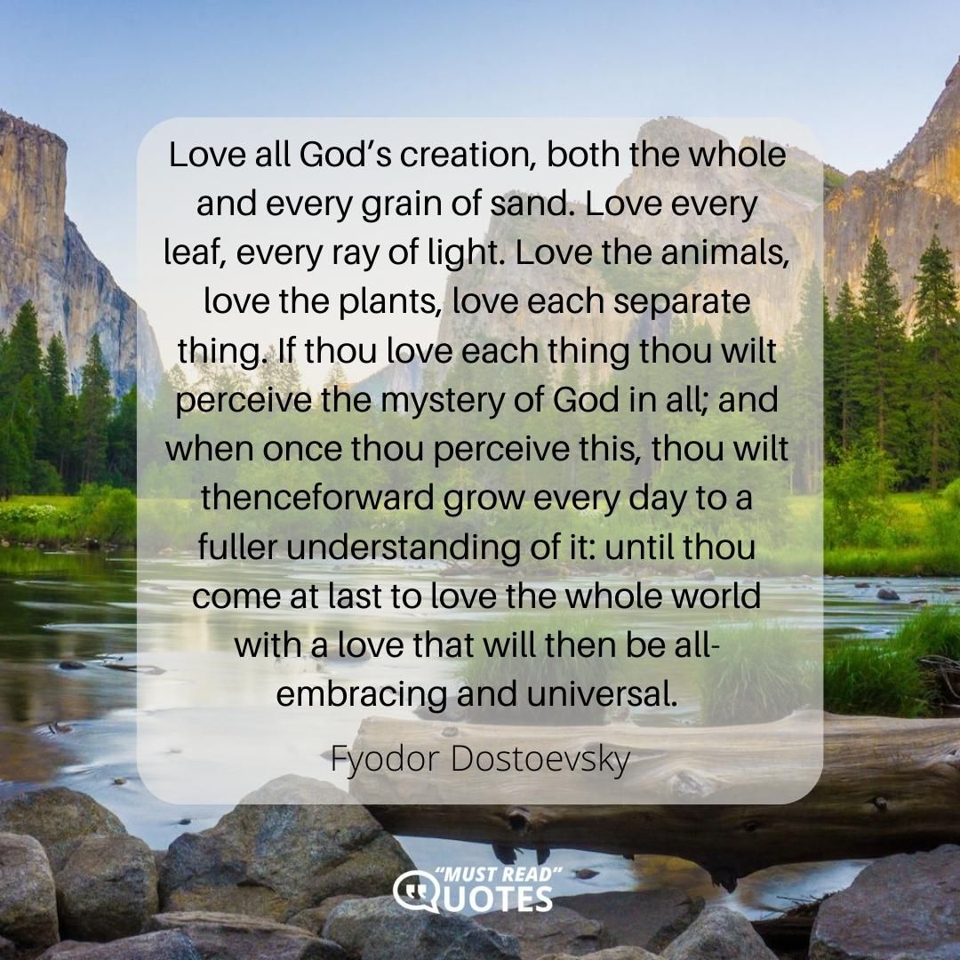 Love all God’s creation, both the whole and every grain of sand. Love every leaf, every ray of light. Love the animals, love the plants, love each separate thing. If thou love each thing thou wilt perceive the mystery of God in all; and when once thou perceive this, thou wilt thenceforward grow every day to a fuller understanding of it: until thou come at last to love the whole world with a love that will then be all-embracing and universal.