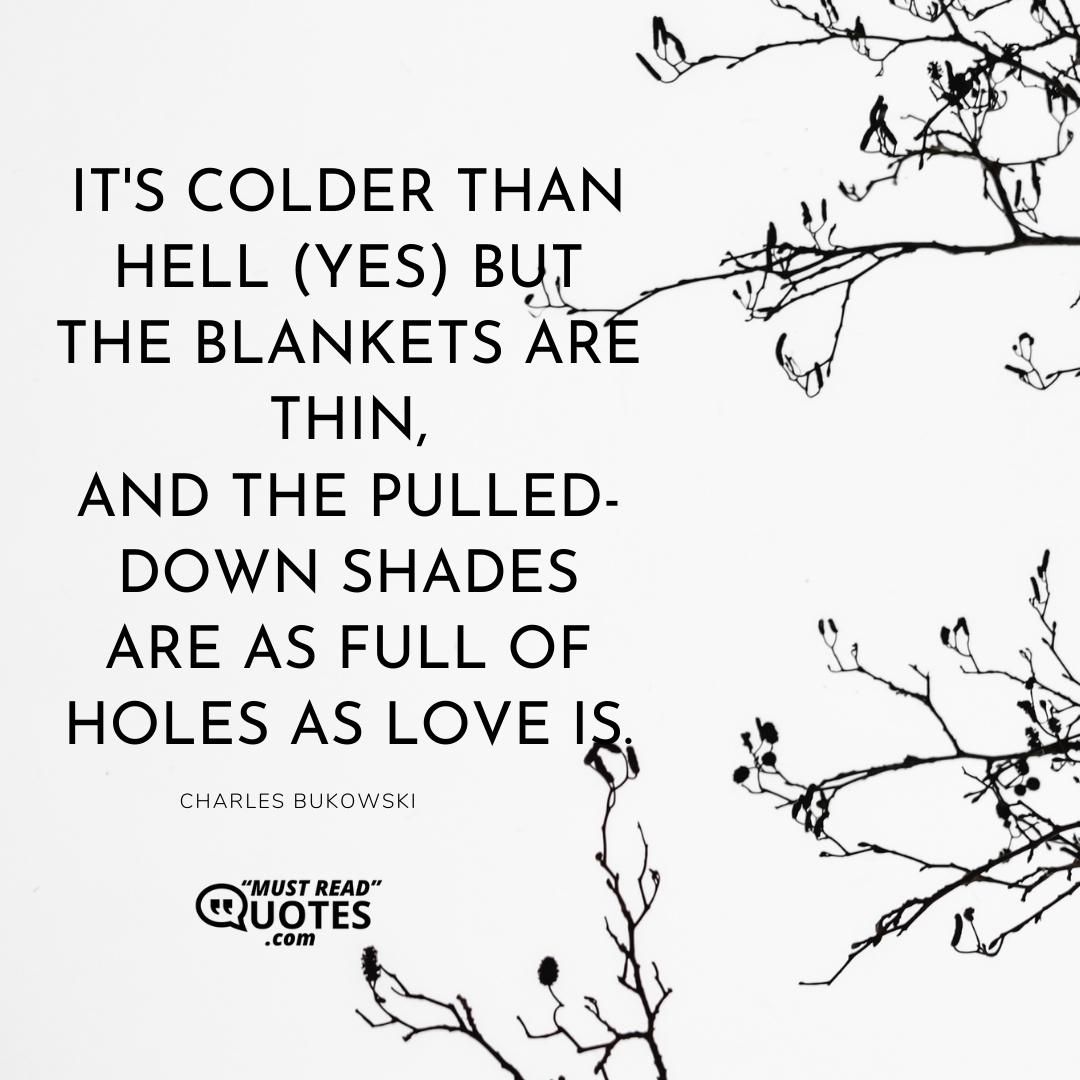 it's colder than hell (yes) but the blankets are thin, and the pulled-down shades are as full of holes as love is.
