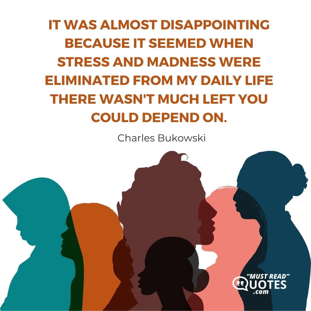 It was almost disappointing because it seemed when stress and madness were eliminated from my daily life there wasn't much left you could depend on.