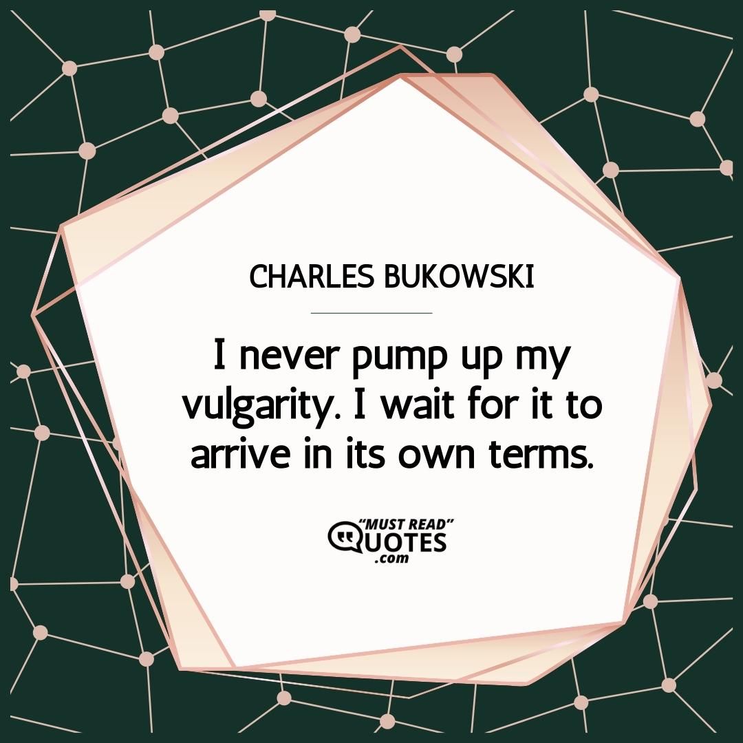 I never pump up my vulgarity. I wait for it to arrive in its own terms.