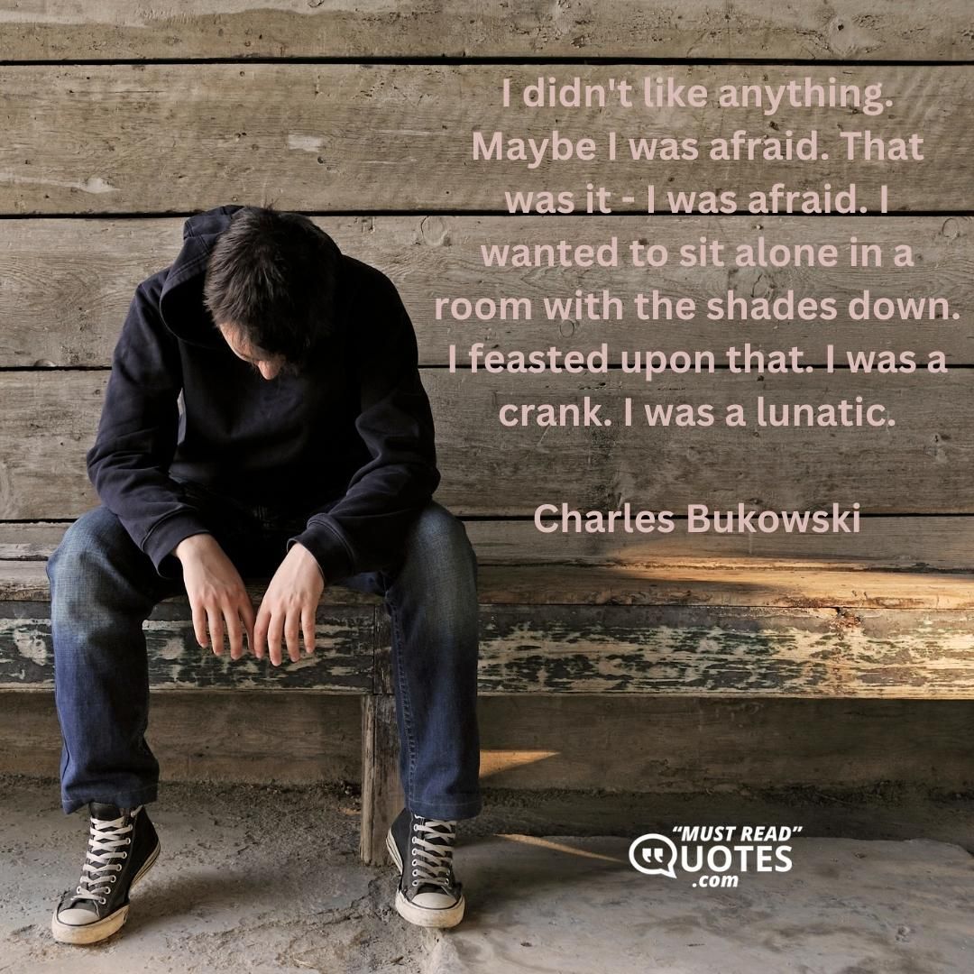 I didn't like anything. Maybe I was afraid. That was it - I was afraid. I wanted to sit alone in a room with the shades down. I feasted upon that. I was a crank. I was a lunatic.