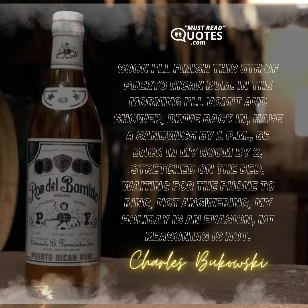 soon I'll finish this 5th of Puerto Rican rum. in the morning I'll vomit and shower, drive back in, have a sandwich by 1 p.m., be back in my room by 2, stretched on the bed, waiting for the phone to ring, not answering, my holiday is an evasion, mt reasoning is not.