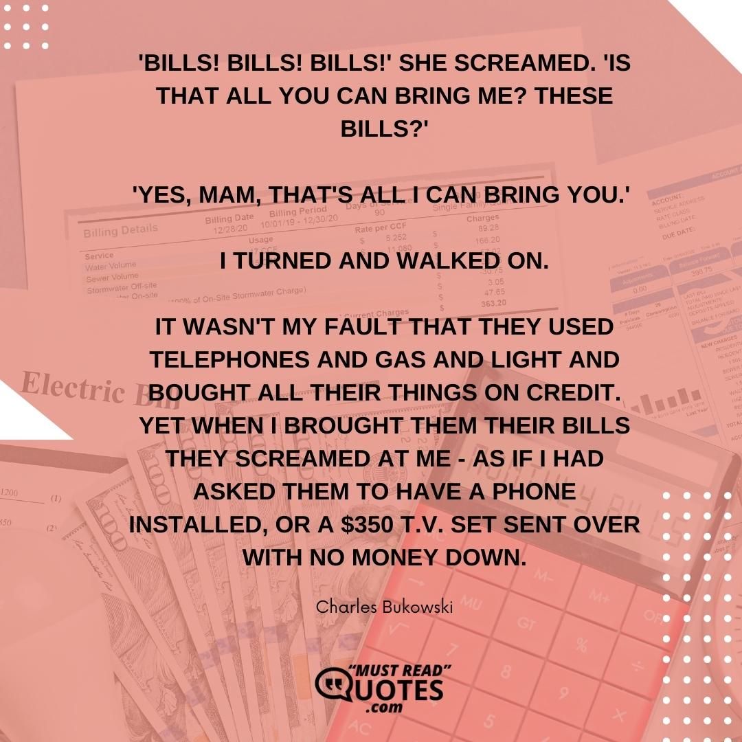 'BILLS! BILLS! BILLS!' she screamed. 'IS THAT ALL YOU CAN BRING ME? THESE BILLS?' 'Yes, mam, that's all I can bring you.' I turned and walked on. It wasn't my fault that they used telephones and gas and light and bought all their things on credit. Yet when I brought them their bills they screamed at me - as if I had asked them to have a phone installed, or a $350 t.v. set sent over with no money down.