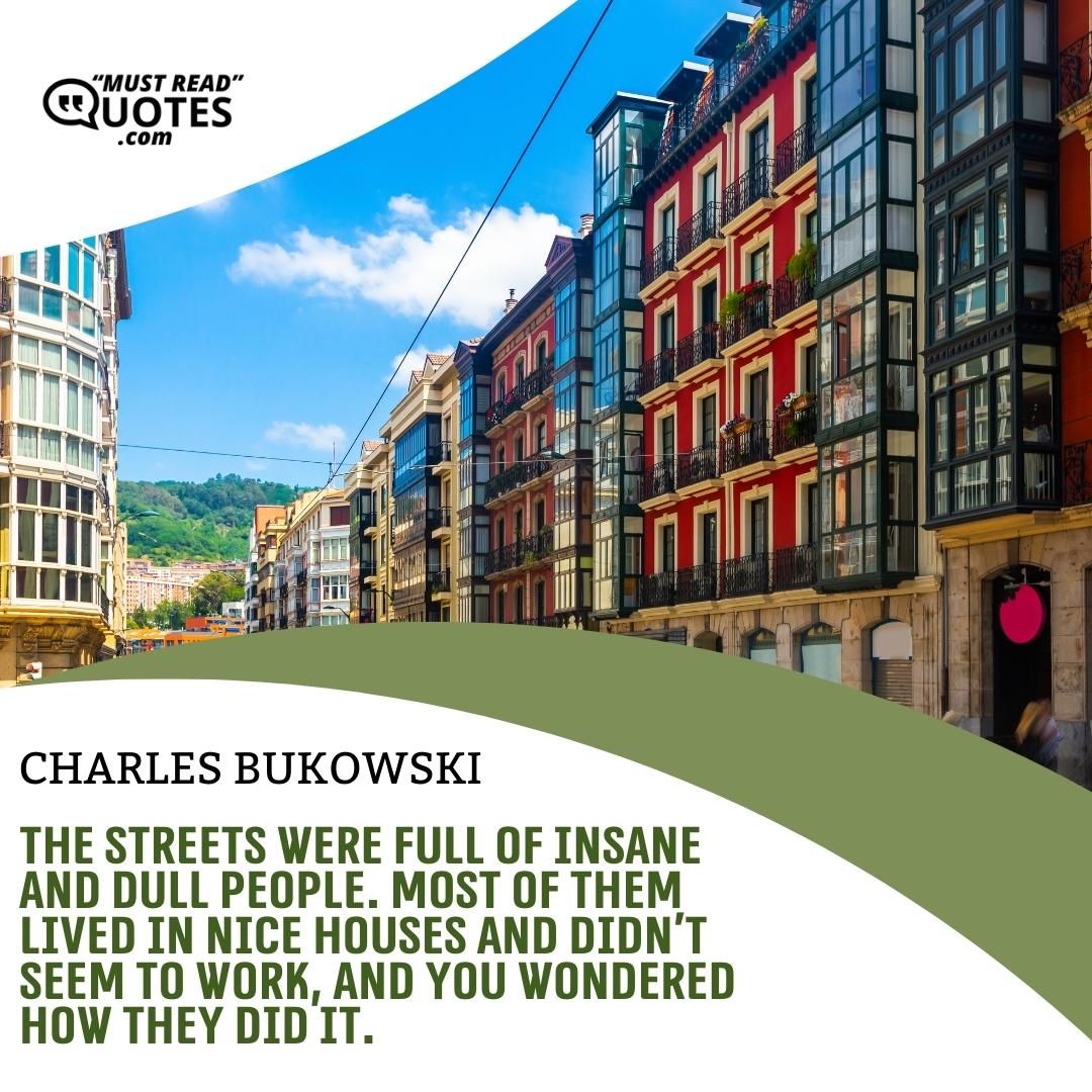The streets were full of insane and dull people. Most of them lived in nice houses and didn’t seem to work, and you wondered how they did it.