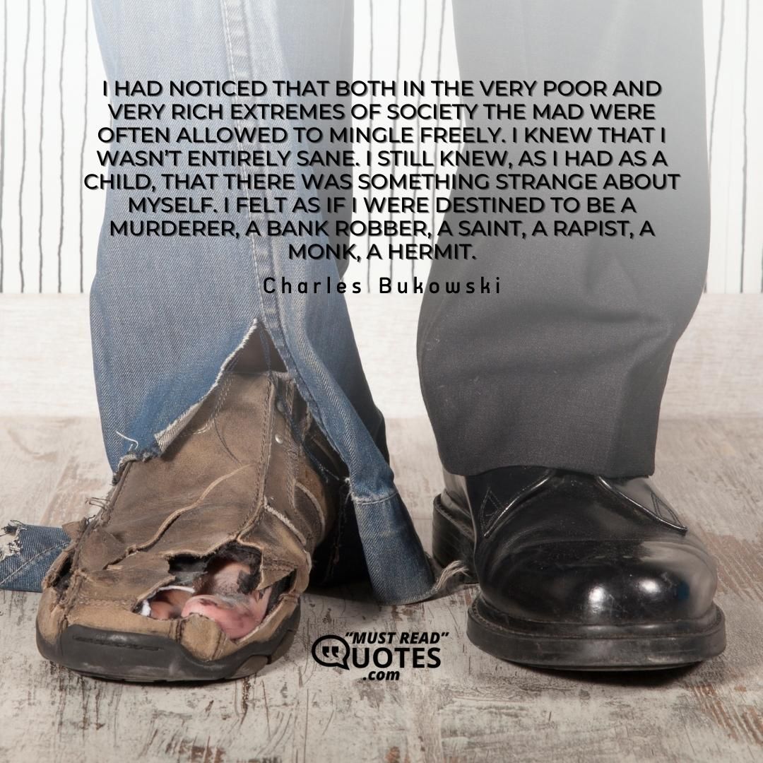I had noticed that both in the very poor and very rich extremes of society the mad were often allowed to mingle freely. I knew that I wasn’t entirely sane. I still knew, as I had as a child, that there was something strange about myself. I felt as if I were destined to be a murderer, a bank robber, a saint, a rapist, a monk, a hermit.