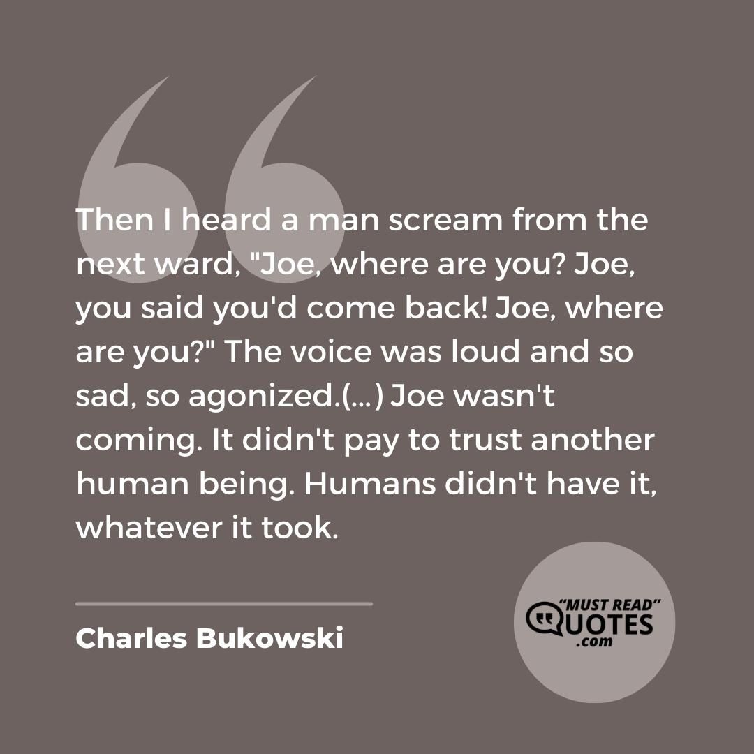 Then I heard a man scream from the next ward, "Joe, where are you? Joe, you said you'd come back! Joe, where are you?" The voice was loud and so sad, so agonized.(...) Joe wasn't coming. It didn't pay to trust another human being. Humans didn't have it, whatever it took.