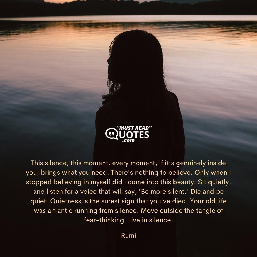 This silence, this moment, every moment, if it's genuinely inside you, brings what you need. There's nothing to believe. Only when I stopped believing in myself did I come into this beauty. Sit quietly, and listen for a voice that will say, 'Be more silent.' Die and be quiet. Quietness is the surest sign that you've died. Your old life was a frantic running from silence. Move outside the tangle of fear-thinking. Live in silence.