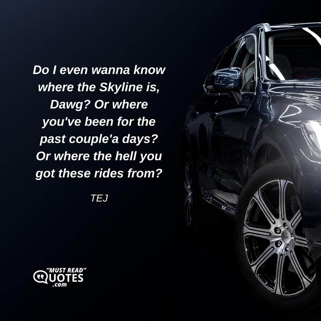 Do I even wanna know where the Skyline is, Dawg? Or where you've been for the past couple'a days? Or where the hell you got these rides from?