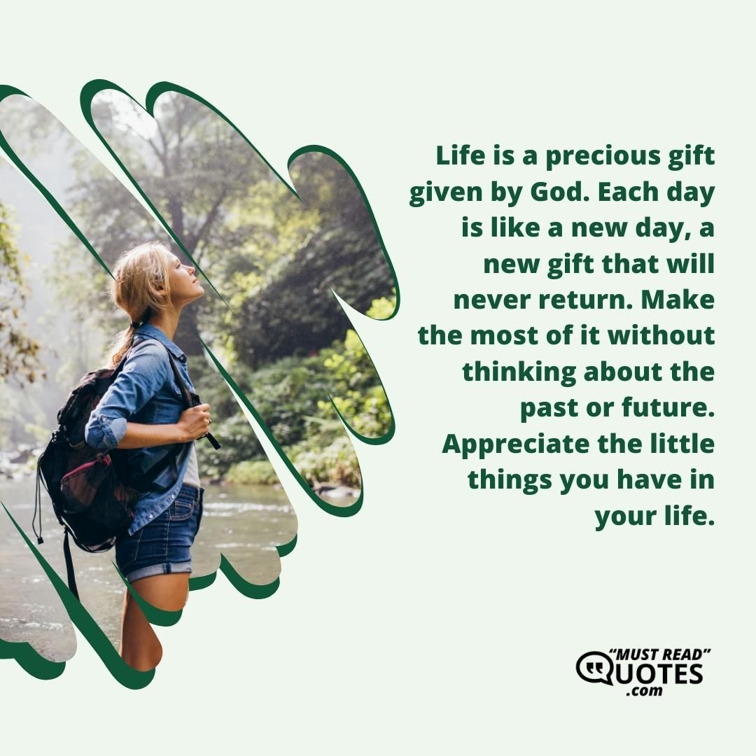 Life is a precious gift given by God. Each day is like a new day, a new gift that will never return. Make the most of it without thinking about the past or future. Appreciate the little things you have in your life.