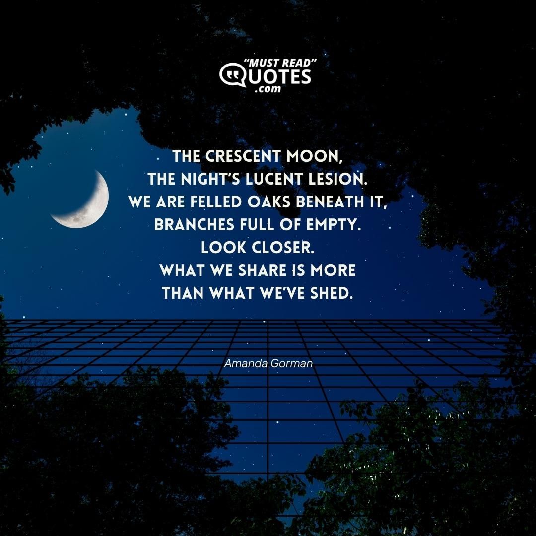 The crescent moon, The night’s lucent lesion. We are felled oaks beneath it, Branches full of empty. Look closer. What we share is more Than what we’ve shed.