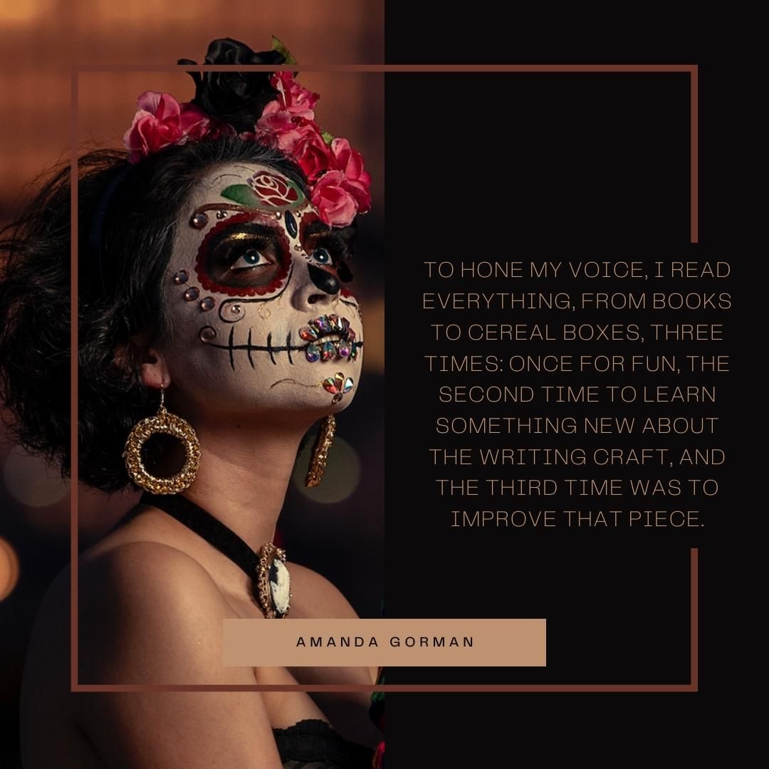 To hone my voice, I read everything, from books to cereal boxes, three times: once for fun, the second time to learn something new about the writing craft, and the third time was to improve that piece.
