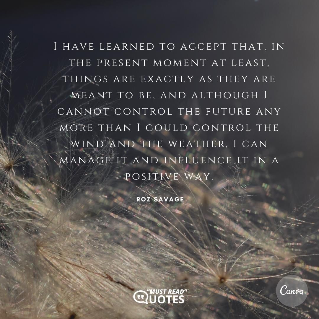 I have learned to accept that, in the present moment at least, things are exactly as they are meant to be, and although I cannot control the future any more than I could control the wind and the weather, I can manage it and influence it in a positive way.