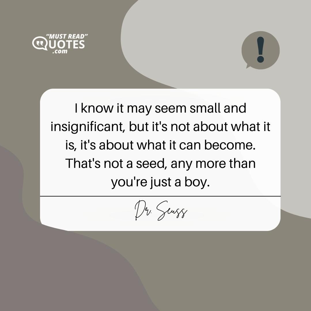 I know it may seem small and insignificant, but it's not about what it is, it's about what it can become. That's not a seed, any more than you're just a boy.