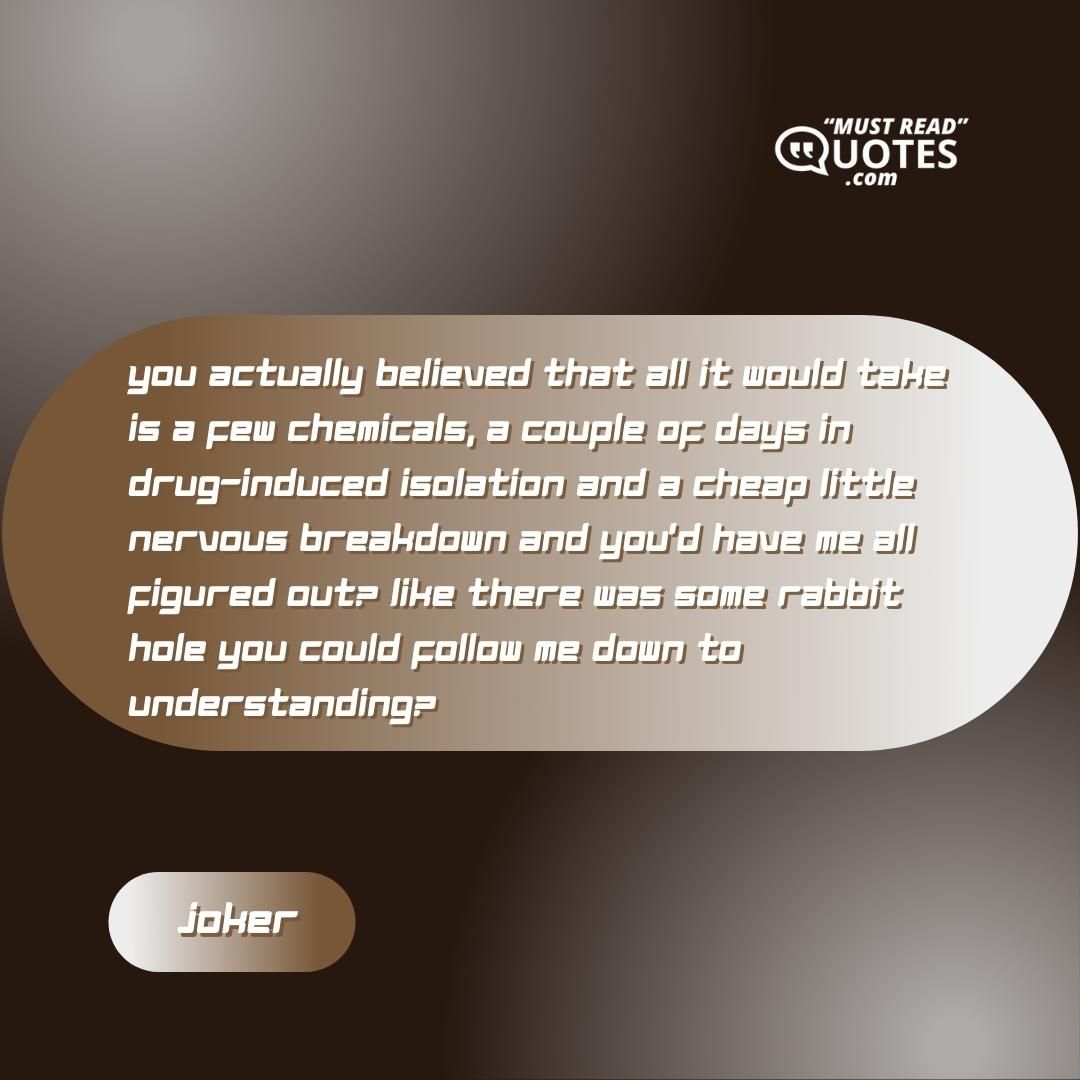 You actually believed that all it would take is a few chemicals, a couple of days in drug-induced isolation and a cheap little nervous breakdown and you'd have me all figured out? Like there was some rabbit hole you could follow me down to understanding?