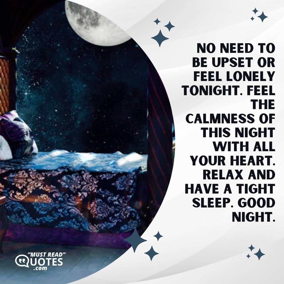 No need to be upset or feel lonely tonight. Feel the calmness of this night with all your heart. Relax and have a tight sleep. Good night.