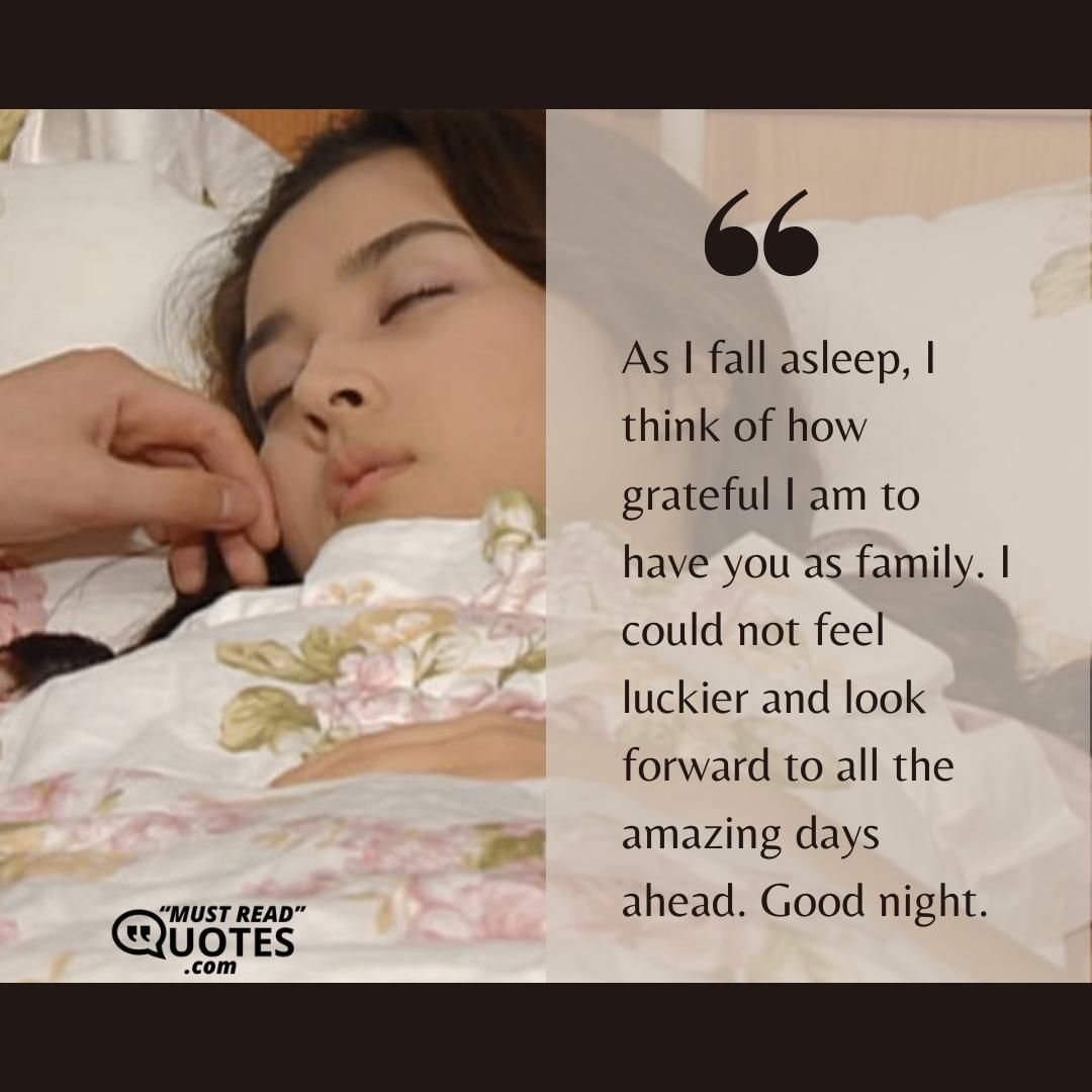 As I fall asleep, I think of how grateful I am to have you as family. I could not feel luckier and look forward to all the amazing days ahead. Good night.