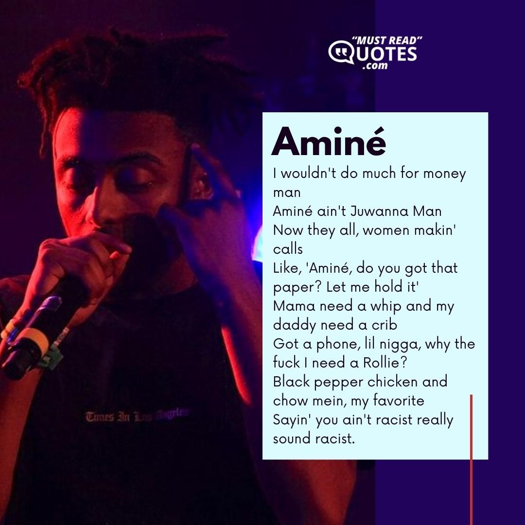 I wouldn't do much for money man Aminé ain't Juwanna Man Now they all, women makin' calls Like, 'Aminé, do you got that paper? Let me hold it' Mama need a whip and my daddy need a crib Got a phone, lil nigga, why the fuck I need a Rollie? Black pepper chicken and chow mein, my favorite Sayin' you ain't racist really sound racist.