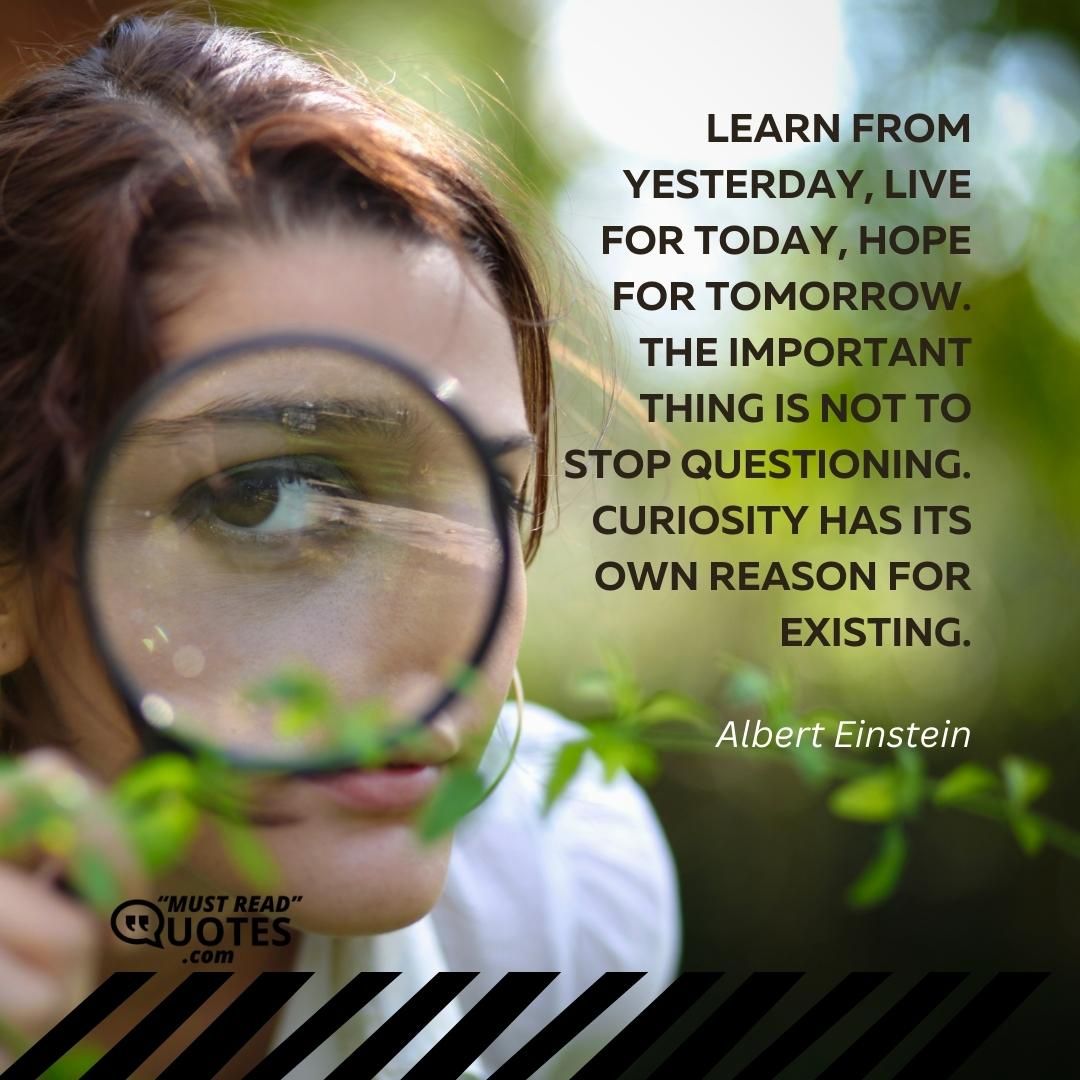 Learn from yesterday, live for today, hope for tomorrow. The important thing is not to stop questioning. Curiosity has its own reason for existing.