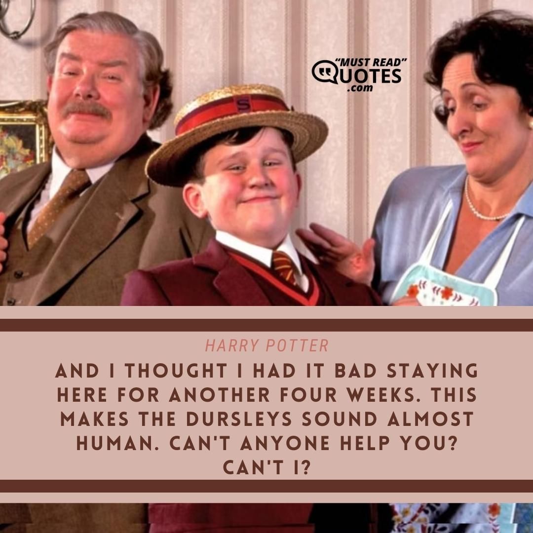 And I thought I had it bad staying here for another four weeks. This makes the Dursleys sound almost human. Can't anyone help you? Can't I?