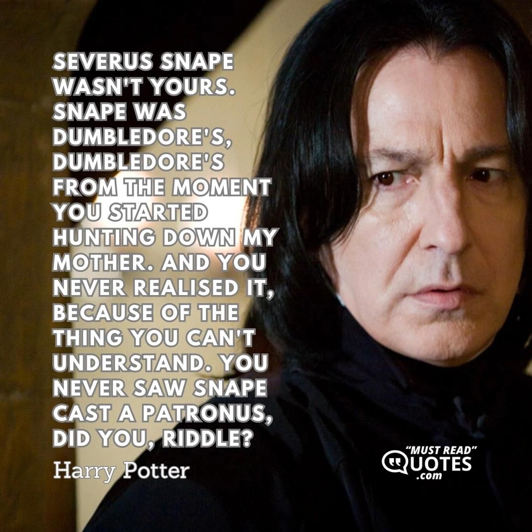 Severus Snape wasn't yours. Snape was Dumbledore's, Dumbledore's from the moment you started hunting down my mother. And you never realised it, because of the thing you can't understand. You never saw Snape cast a Patronus, did you, Riddle?