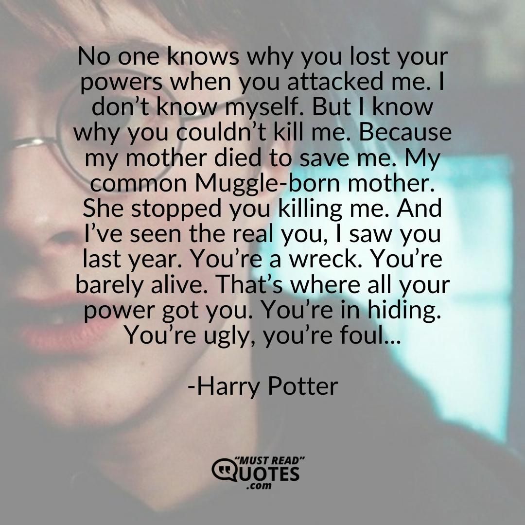 No one knows why you lost your powers when you attacked me. I don’t know myself. But I know why you couldn’t kill me. Because my mother died to save me. My common Muggle-born mother. She stopped you killing me. And I’ve seen the real you, I saw you last year. You’re a wreck. You’re barely alive. That’s where all your power got you. You’re in hiding. You’re ugly, you’re foul...