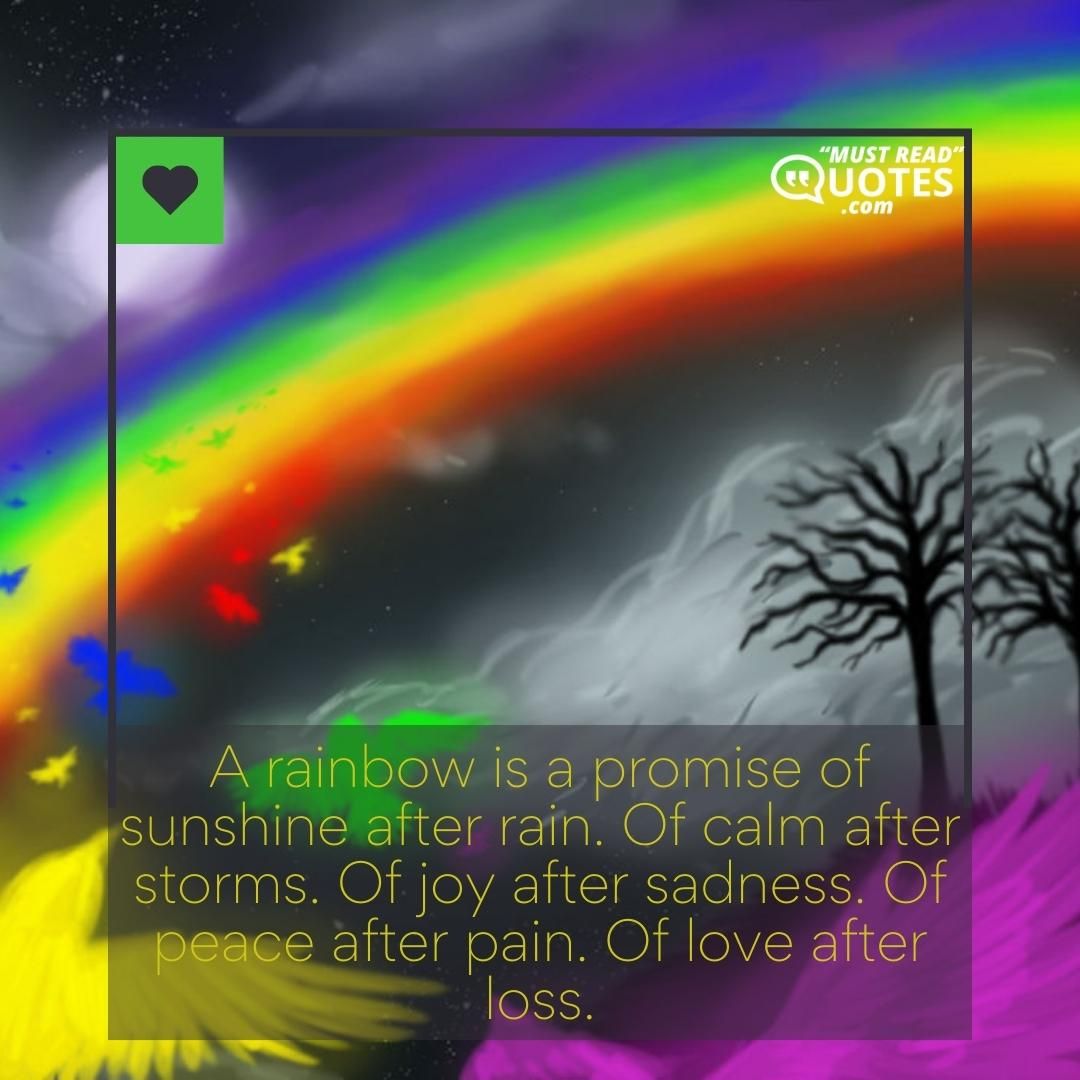 A rainbow is a promise of sunshine after rain. Of calm after storms. Of joy after sadness. Of peace after pain. Of love after loss.
