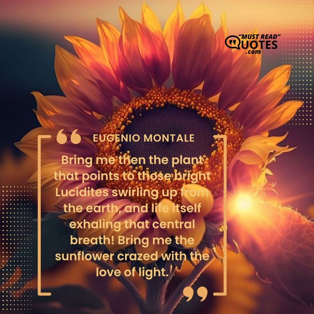 Bring me then the plant that points to those bright Lucidites swirling up from the earth, and life itself exhaling that central breath! Bring me the sunflower crazed with the love of light.