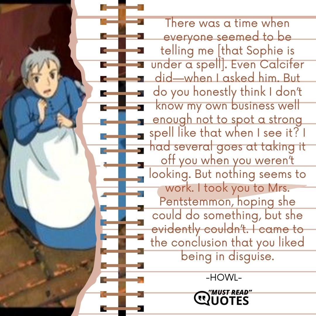 There was a time when everyone seemed to be telling me [that Sophie is under a spell]. Even Calcifer did—when I asked him. But do you honestly think I don’t know my own business well enough not to spot a strong spell like that when I see it? I had several goes at taking it off you when you weren’t looking. But nothing seems to work. I took you to Mrs. Pentstemmon, hoping she could do something, but she evidently couldn’t. I came to the conclusion that you liked being in disguise.