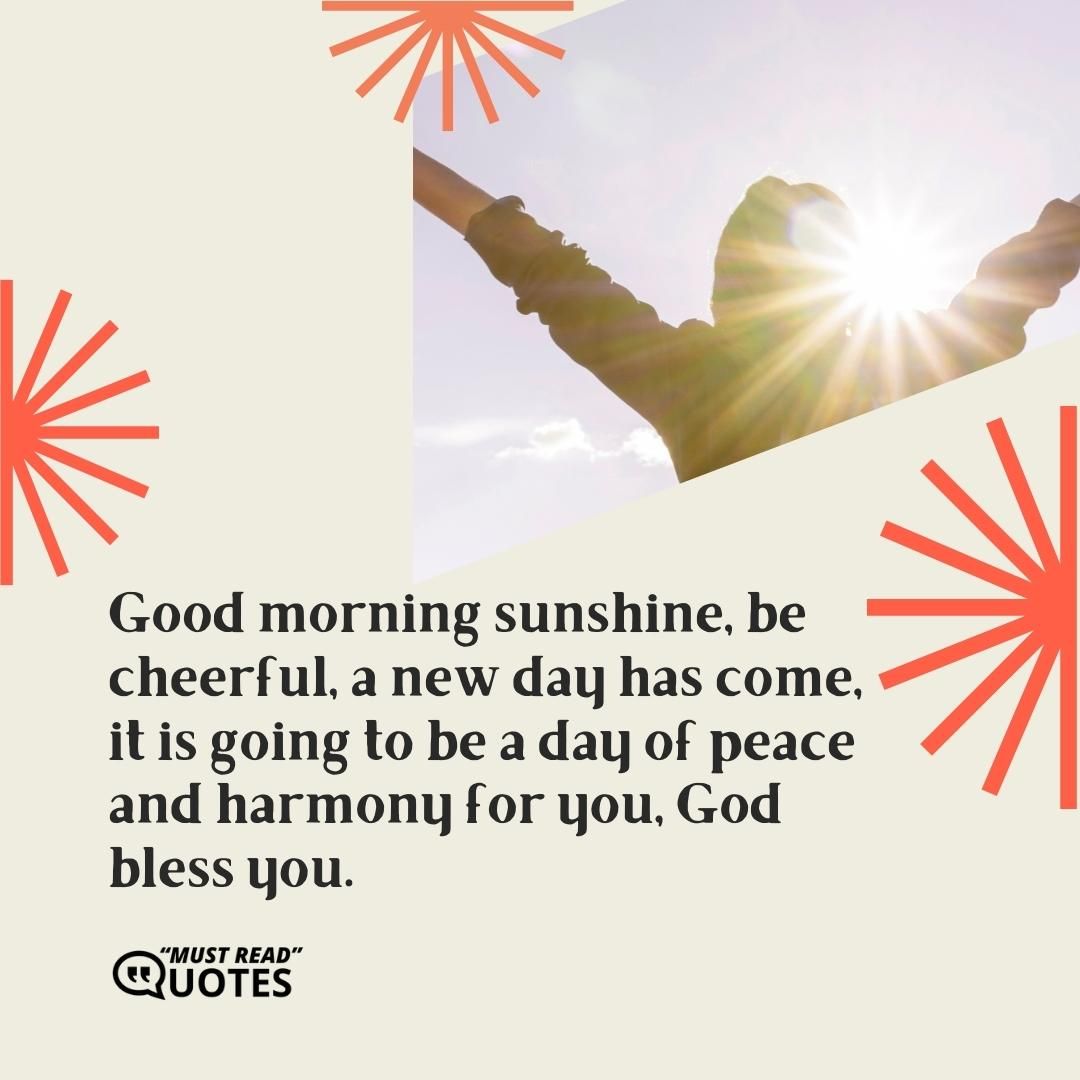 Good morning sunshine, be cheerful, a new day has come, it is going to be a day of peace and harmony for you, God bless you.