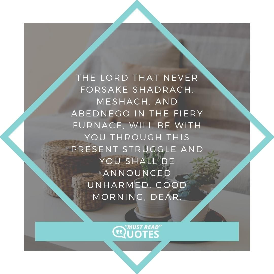 The Lord that never forsake Shadrach, Meshach, and Abednego in the fiery furnace, will be with you through this present struggle and you shall be announced unharmed. Good morning, dear.