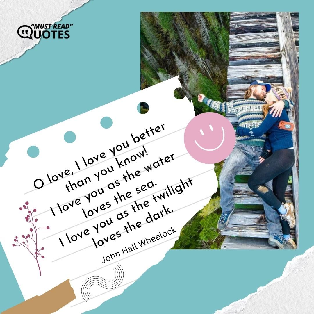O love, I love you better than you know! I love you as the water loves the sea. I love you as the twilight loves the dark.