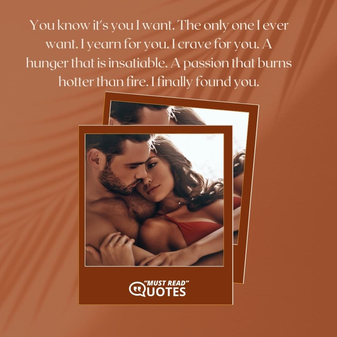 You know it's you I want. The only one I ever want. I yearn for you. I crave for you. A hunger that is insatiable. A passion that burns hotter than fire. I finally found you.