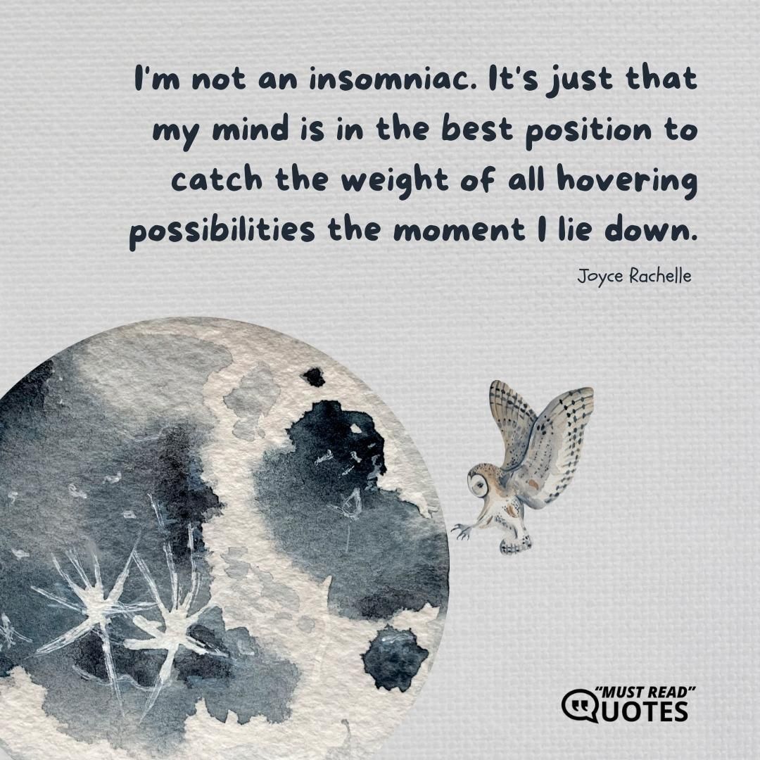 I'm not an insomniac. It's just that my mind is in the best position to catch the weight of all hovering possibilities the moment I lie down.
