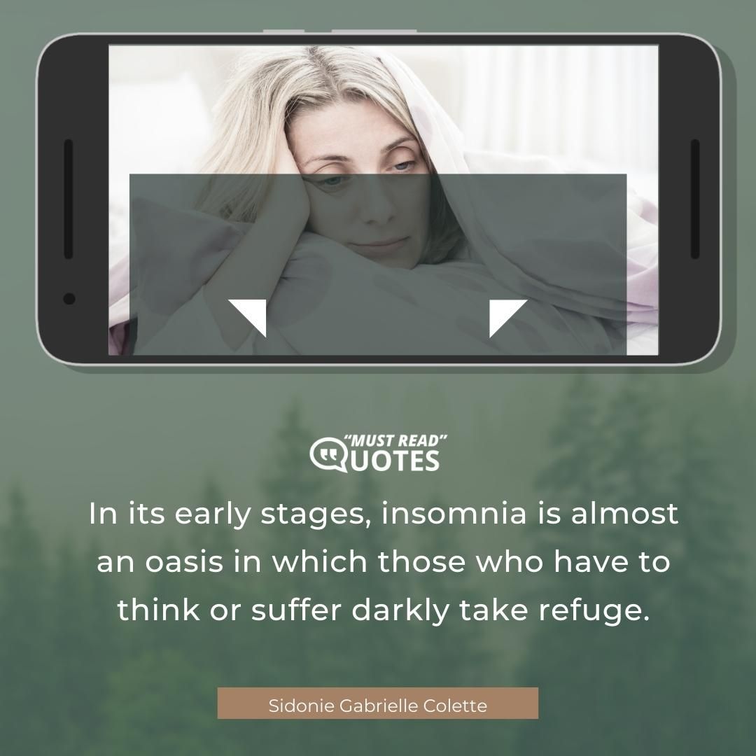 In its early stages, insomnia is almost an oasis in which those who have to think or suffer darkly take refuge.