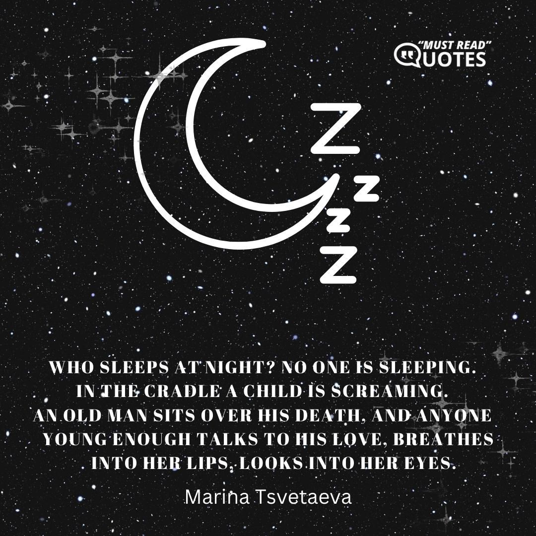 Who sleeps at night? No one is sleeping.  In the cradle a child is screaming.  An old man sits over his death, and anyone  young enough talks to his love, breathes  into her lips, looks into her eyes.