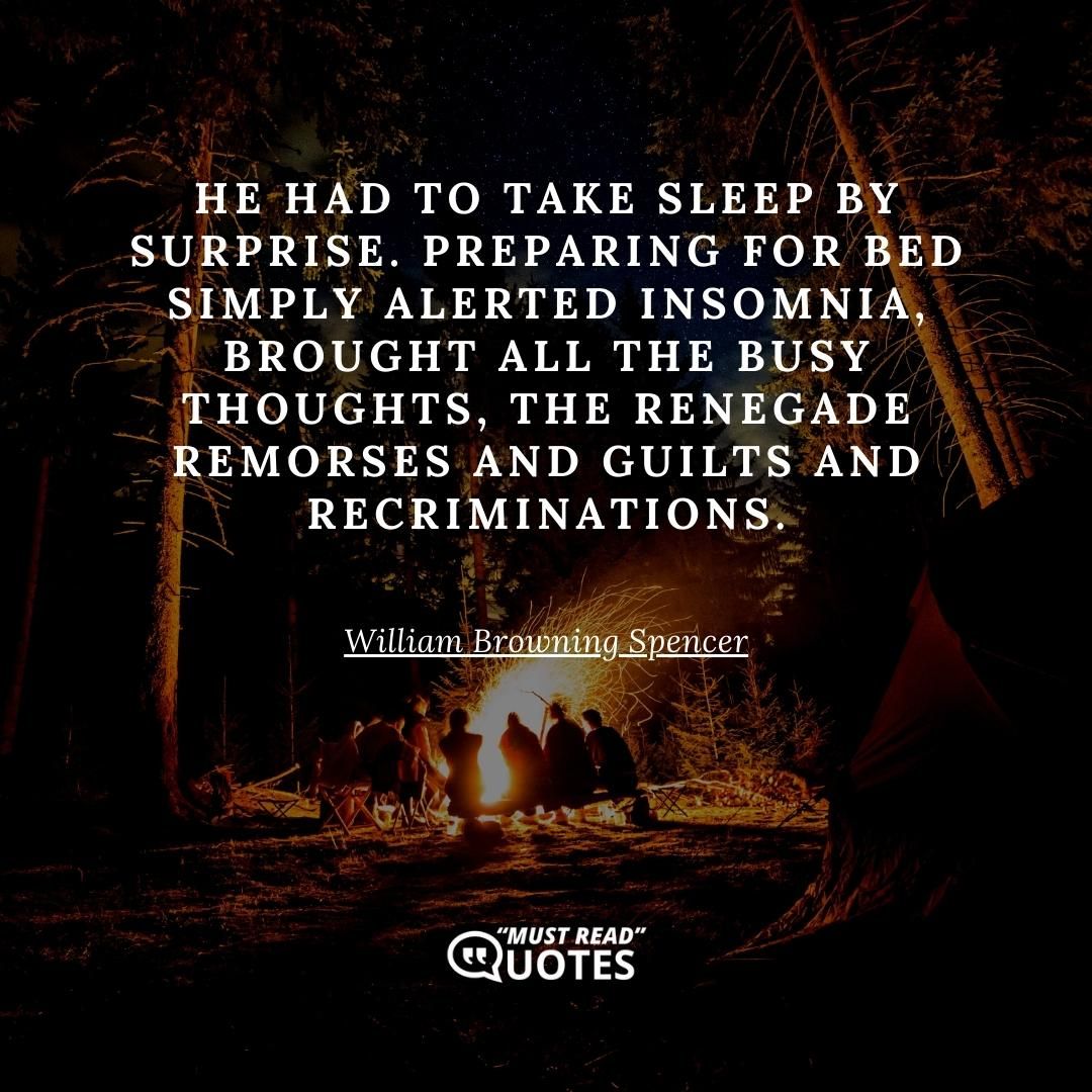 He had to take sleep by surprise. Preparing for bed simply alerted insomnia, brought all the busy thoughts, the renegade remorses and guilts and recriminations.