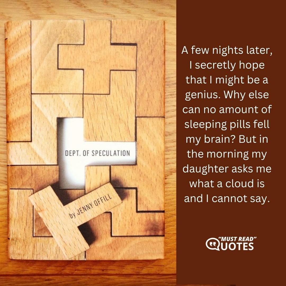 A few nights later, I secretly hope that I might be a genius. Why else can no amount of sleeping pills fell my brain? But in the morning my daughter asks me what a cloud is and I cannot say.
