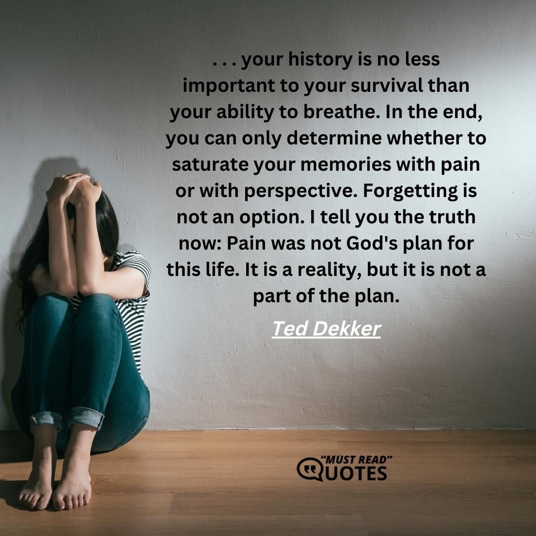 . . . your history is no less important to your survival than your ability to breathe. In the end, you can only determine whether to saturate your memories with pain or with perspective. Forgetting is not an option. I tell you the truth now: Pain was not God's plan for this life. It is a reality, but it is not a part of the plan.