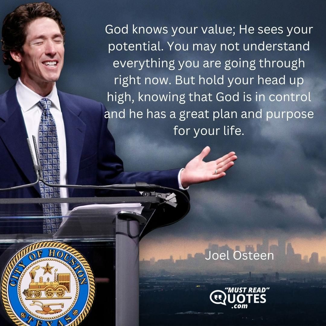 God knows your value; He sees your potential. You may not understand everything you are going through right now. But hold your head up high, knowing that God is in control and he has a great plan and purpose for your life.