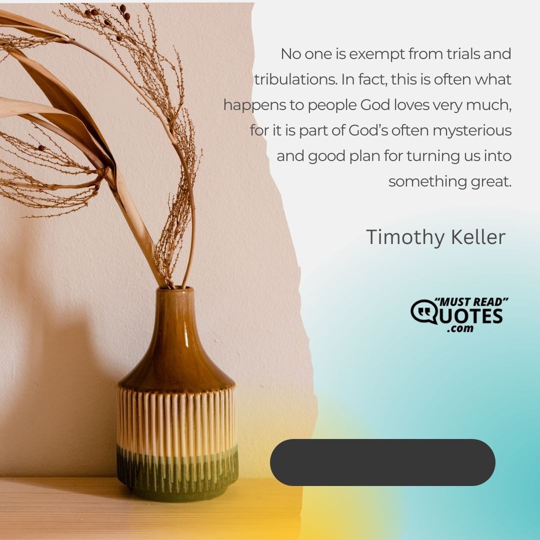 No one is exempt from trials and tribulations. In fact, this is often what happens to people God loves very much, for it is part of God’s often mysterious and good plan for turning us into something great.