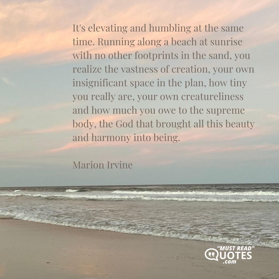 It's elevating and humbling at the same time. Running along a beach at sunrise with no other footprints in the sand, you realize the vastness of creation, your own insignificant space in the plan, how tiny you really are, your own creatureliness and how much you owe to the supreme body, the God that brought all this beauty and harmony into being.