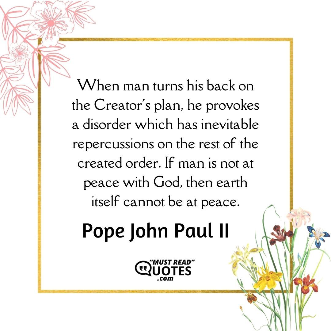 When man turns his back on the Creator's plan, he provokes a disorder which has inevitable repercussions on the rest of the created order. If man is not at peace with God, then earth itself cannot be at peace.