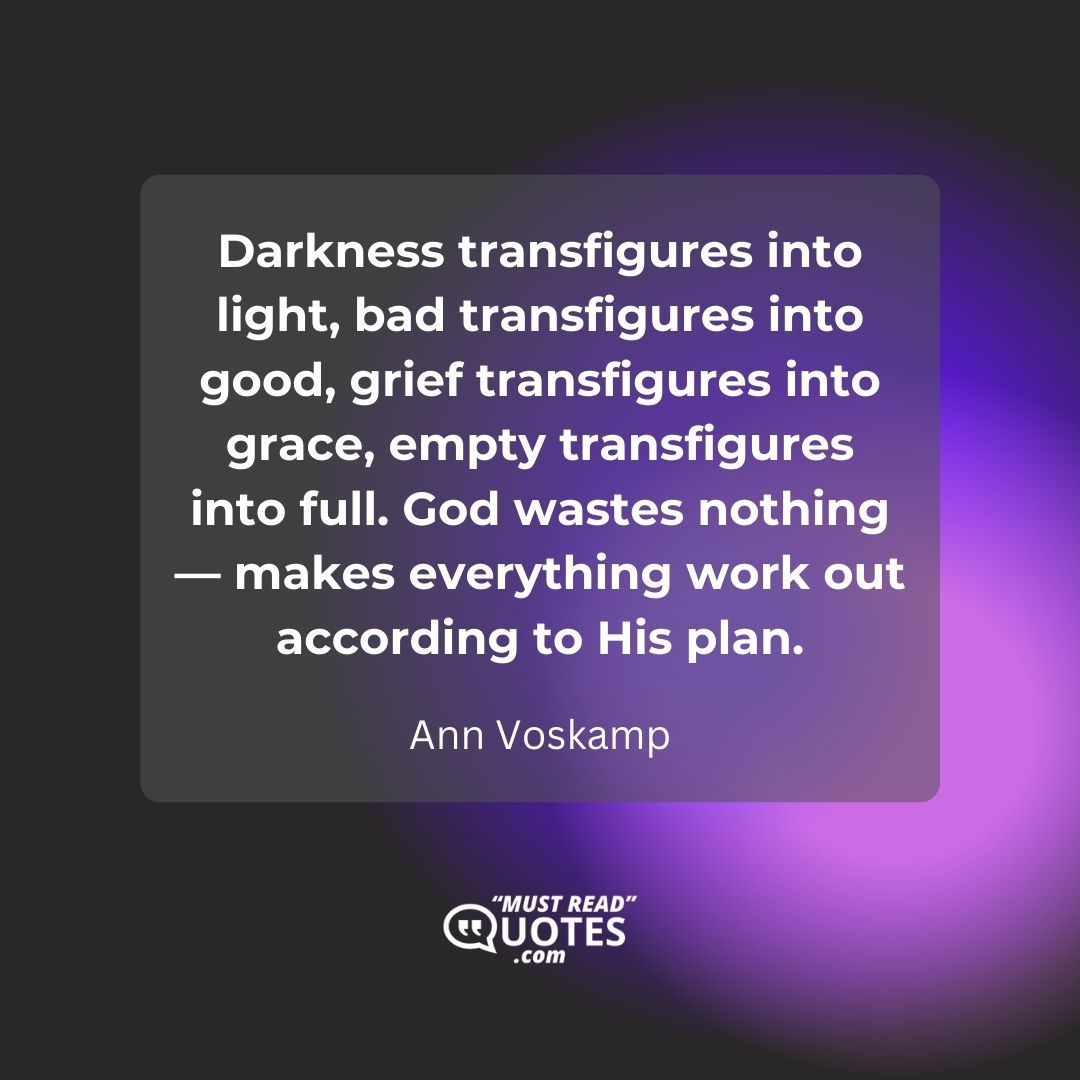 Darkness transfigures into light, bad transfigures into good, grief transfigures into grace, empty transfigures into full. God wastes nothing — makes everything work out according to His plan.