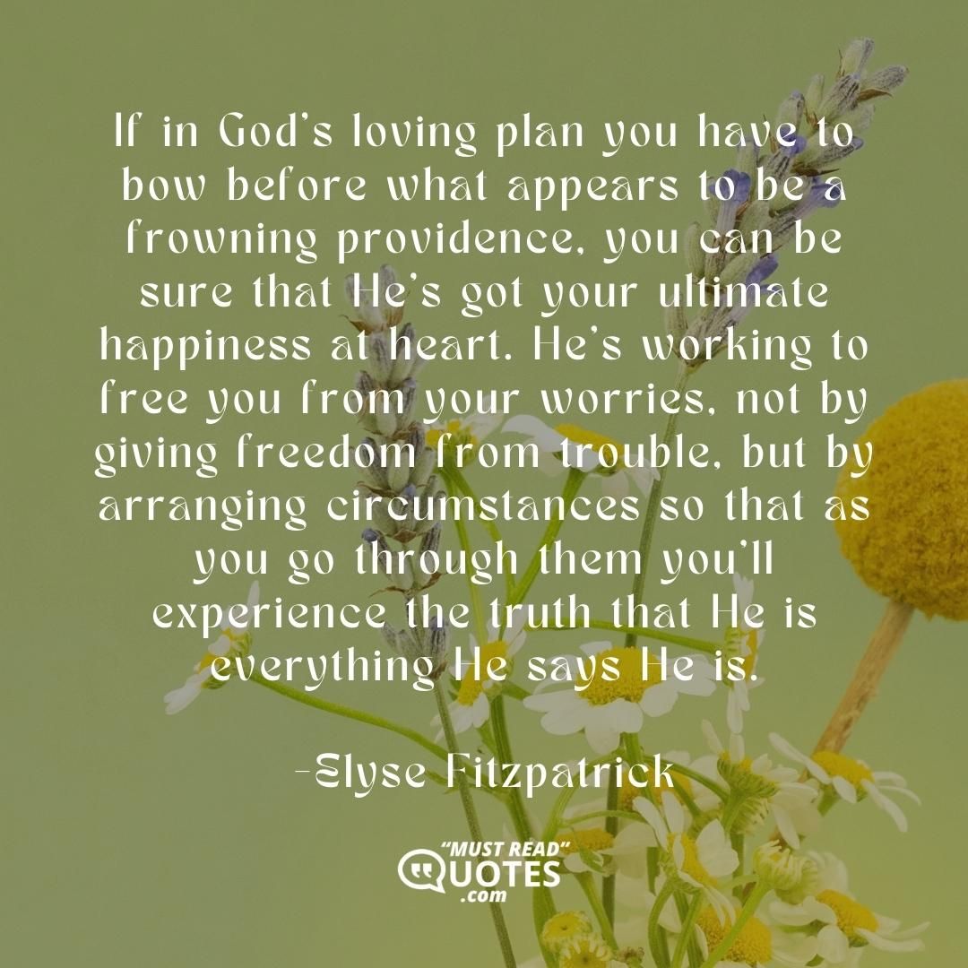 If in God's loving plan you have to bow before what appears to be a frowning providence, you can be sure that He's got your ultimate happiness at heart. He's working to free you from your worries, not by giving freedom from trouble, but by arranging circumstances so that as you go through them you'll experience the truth that He is everything He says He is.