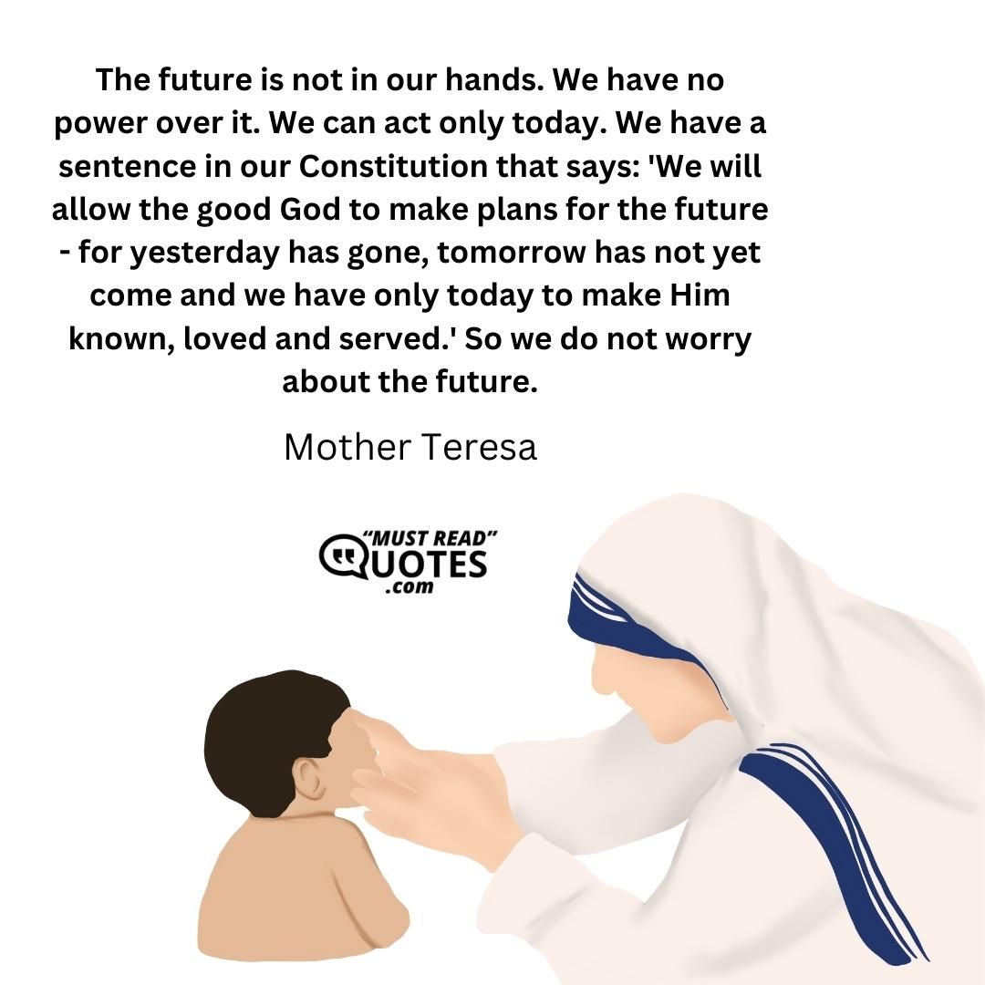 The future is not in our hands. We have no power over it. We can act only today. We have a sentence in our Constitution that says: 'We will allow the good God to make plans for the future - for yesterday has gone, tomorrow has not yet come and we have only today to make Him known, loved and served.' So we do not worry about the future.