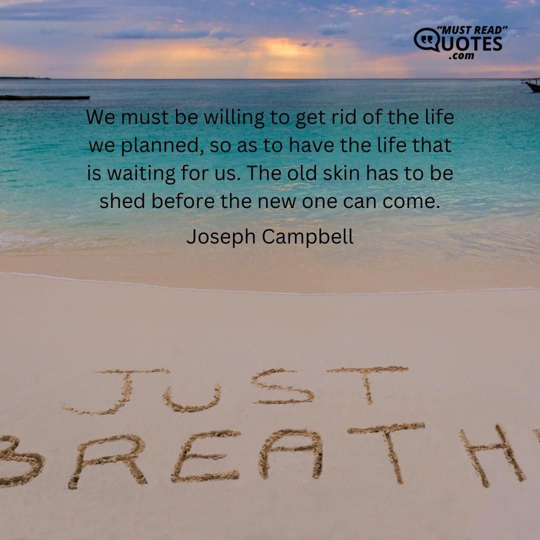 We must be willing to get rid of the life we planned, so as to have the life that is waiting for us. The old skin has to be shed before the new one can come.