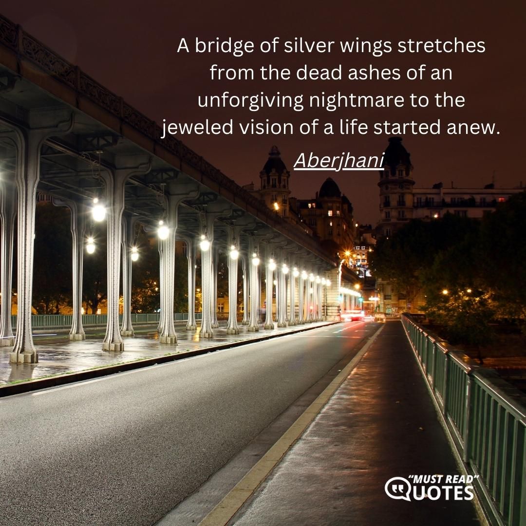 A bridge of silver wings stretches from the dead ashes of an unforgiving nightmare to the jeweled vision of a life started anew.