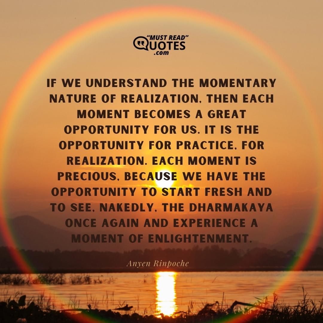 If we understand the momentary nature of realization, then each moment becomes a great opportunity for us. It is the opportunity for practice, for realization. Each moment is precious, because we have the opportunity to start fresh and to see, nakedly, the dharmakaya once again and experience a moment of enlightenment.
