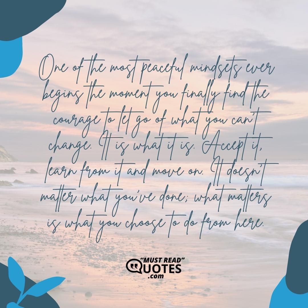 One of the most peaceful mindsets ever begins the moment you finally find the courage to let go of what you can’t change. It is what it is. Accept it, learn from it and move on. It doesn’t matter what you’ve done; what matters is what you choose to do from here.